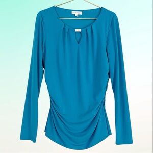 Calvin Klein Keyhole Long Sleeve Ruched Side Stretch Top Women’s M Teal Blue